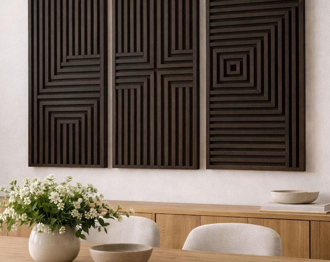 Modern 3 Panel Wood Wall Art – Large Geometric 3D Wall Decor – Contemporary Home Statement Piece