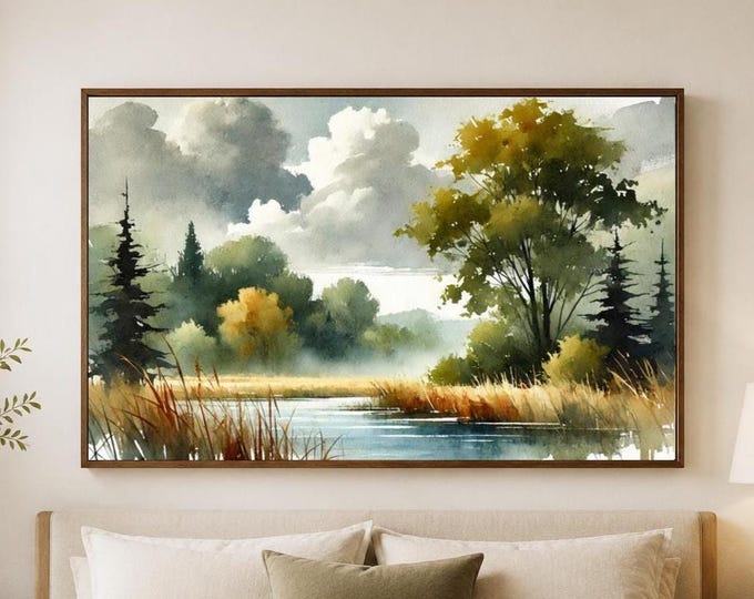 Watercolor Landscape Wall Art, Woodland Pond Print, Nature Wall Decor, Scandinavian & Japandi Artwork, Framed Fine Art