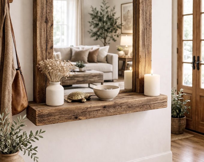 Rustic Distressed Pine Mirror with Shelf, Entryway Wall Mirror, Wooden Key Organizer Mirror, Farmhouse Wall Decor, Handcrafted Wood Mirror