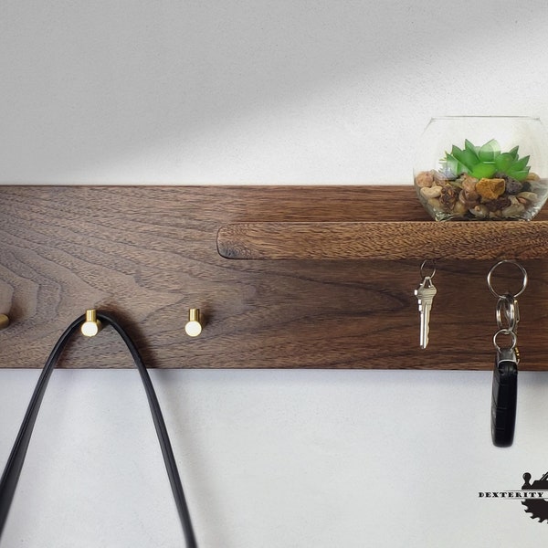 Entryway Mail Key Organizer, Walnut Key Hook, Walnut Entryway Organizer, Key Hooks with Mail Holder, Solid Walnut Wall Mount Key Hook