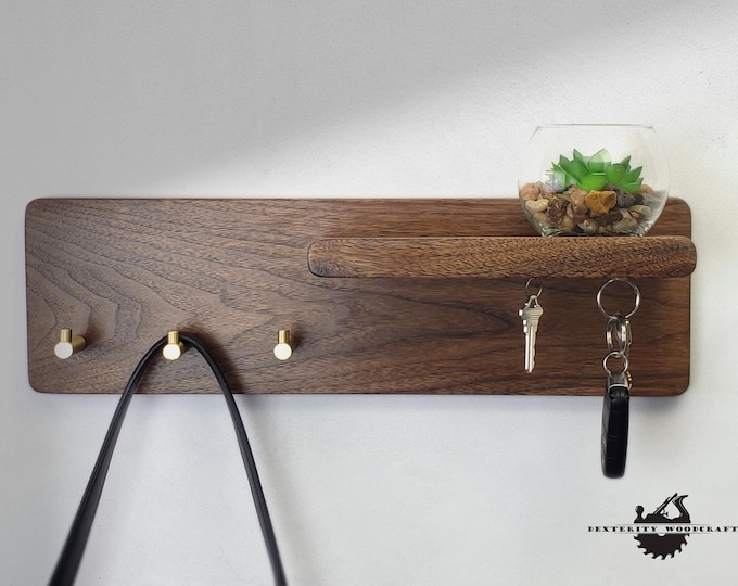 Entryway Mail Key Organizer, Walnut Key Hook, Walnut Entryway Organizer, Key Hooks with Mail Holder, Solid Walnut Wall Mount Key Hook