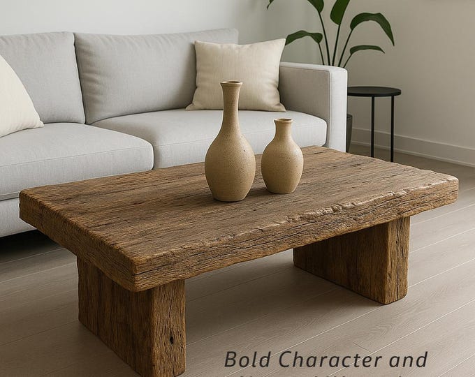 Rustic Coffee Table – Rustic Low Table with Thick Slab Top – Weathered Finish for Modern or Farmhouse Living Room