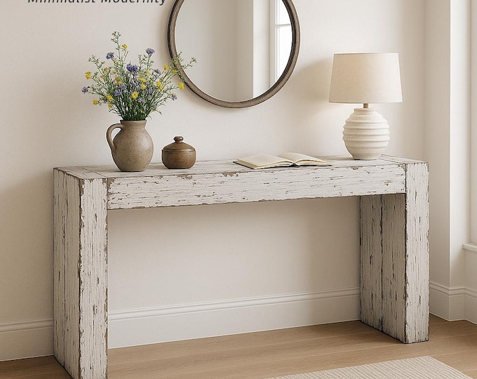 Distressed Rustic White Console Table – Distressed Entryway Table, Farmhouse Hall Table, Minimalist Solid Wood Accent Table
