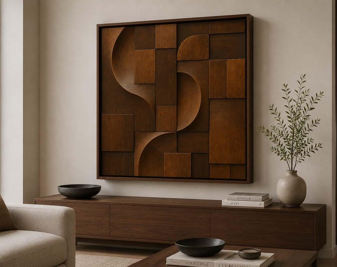 Modern Geometric Wood Wall Art | Abstract Wood Wall Sculpture | Contemporary 3D Wooden Panel | Framed Minimalist Wall Décor