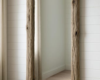 May include: A large rectangular mirror with a rustic wooden frame. The frame is made of natural-looking wood with visible knots and a textured finish. The mirror is mounted on a white wall.