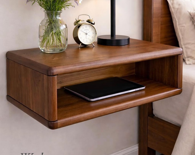 Solid Walnut Floating Nightstand | Rounded Edge Wall Mounted Bedside Table | Modern Minimalist Wood Shelf | Handmade