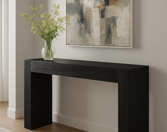 Modern Black Wood Console Table – Minimalist Entryway Table with Textured Grain Finish