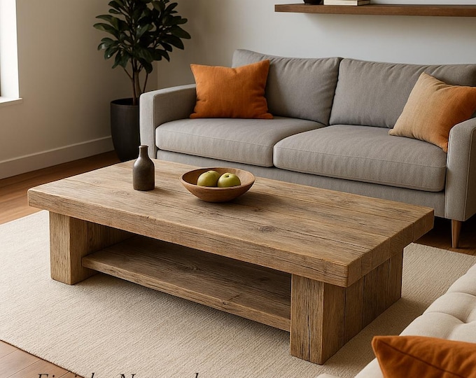 Rustic Coffee Table – Rustic Low Table with Thick Slab Top – Weathered Finish for Modern or Farmhouse Living Room