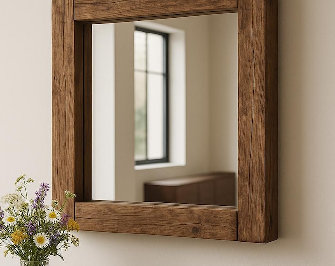Rustic Wooden Wall Mirror, Farmhouse Wall Decor, Beam Mirror Entryway, Bedroom Mirror Large, Wood Wall Mirror, Handmade, Framed Wood Mirror