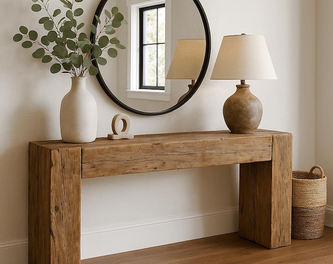 Pine Faux Beam Console Table – Modern Rustic Style Pine Console Table – Handmade Entryway Table, Farmhouse Console, Weathered Aesthetic