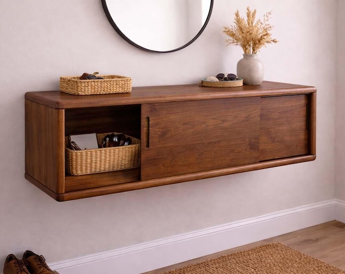 Floating Walnut Console Table | Wall-Mounted Entryway Cabinet | Modern Floating Sideboard | Handmade Walnut Storage Console  Hallway Cabinet