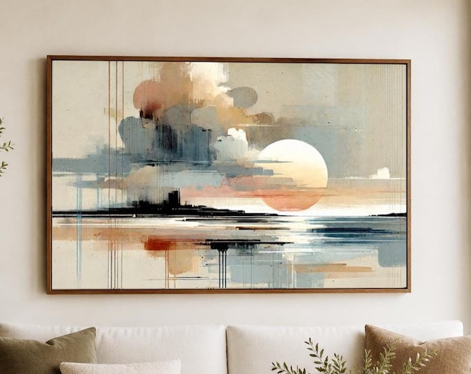 Abstract Coastal Sunset Wall Art, Modern Landscape Print, Neutral Seascape Decor, Japandi Scandinavian Wall Art, Framed Fine Art