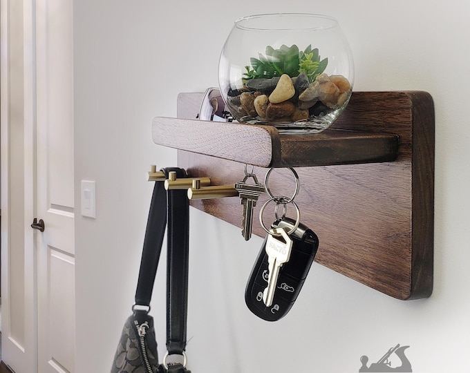 Solid Walnut Key Hook Entryway Organizer, Walnut Entryway Organizer, Key Hooks with Mail Holder, Solid Walnut Wall Mount Key Hook, Coat Rack