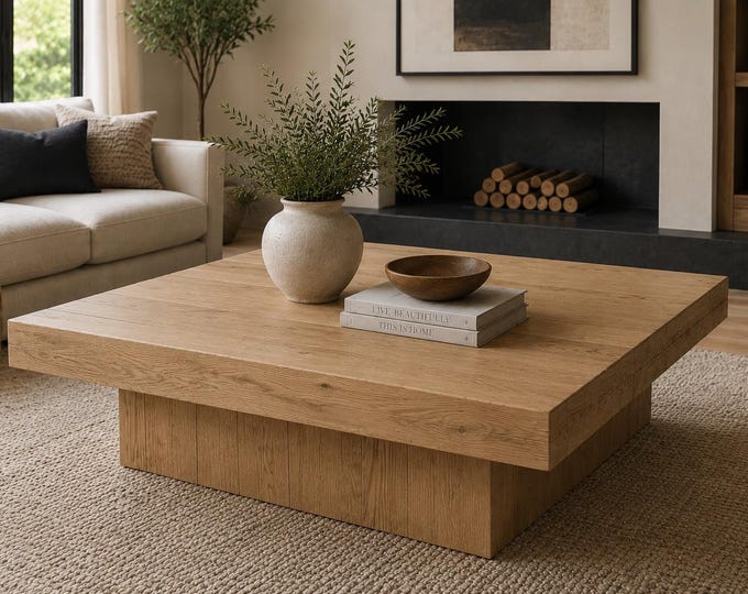 Modern Rustic White Oak Coffee Table | Handcrafted Square Faux Beam Coffee Table | Contemporary Oak Living Room Table