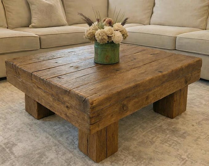 Rustic Coffee Table – Rustic Low Table with Thick Slab Top – Weathered Finish for Modern or Farmhouse Living Room - Custom Coffee Table