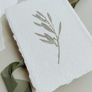 May include: A white, textured paper card with a torn edge, featuring a muted green illustration of an olive branch. A green ribbon is draped nearby. The card is likely for stationery or invitations.