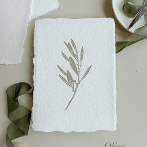 May include: A handmade, textured paper card with a printed olive branch design. The card is white with a deckled edge. The word "Olive" is printed in a soft green font. A green ribbon and scissors are also visible.