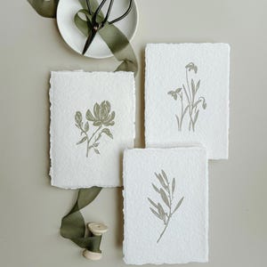 May include: Three botanical art prints with olive green illustrations of flowers and leaves on textured white paper. A white plate with black scissors and olive green ribbon are also in the image. A spool of olive green thread is also visible.