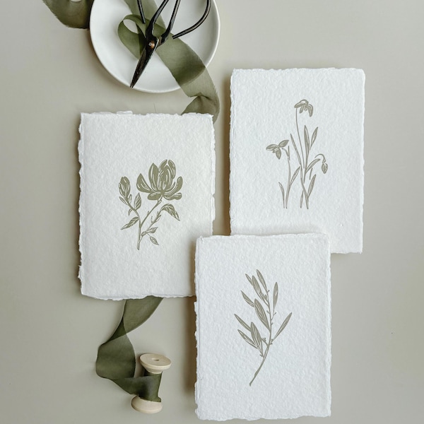 Set of 3 Botanical Art Prints on Handmade Paper – Minimalist Plant Illustration Wall Art – 5x7” Nature Prints for Bathroom or Bedroom Decor