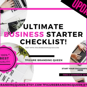 以下が含まれることがあります： ピンクと黒のデザインのプロモーション画像で、「ULTIMATE BUSINESS STARTER CHECKLIST!」と「UPDATED 2.0」のテキストが表示されています。画像には、ラップトップ、植物、テキスト「7FIGURE BRANDING QUEEN」が含まれています。