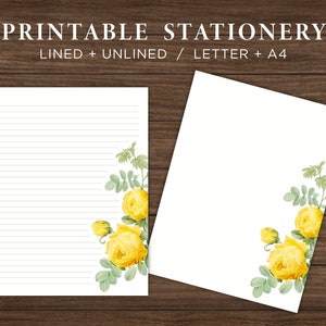 Conjunto de papelería imprimible de rosas amarillas / Papel estacionario imprimible floral / Membrete descargable de flores / Descarga instantánea / Carta / A4