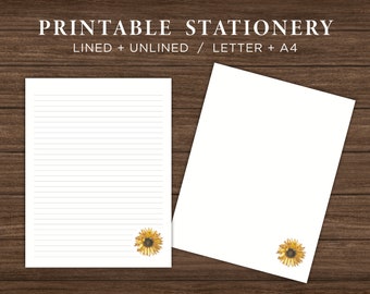 Sunflower Printable Stationery / Flower Printable Stationary Paper / Floral Downloadable Note Paper / Instant Download / Letter / A4