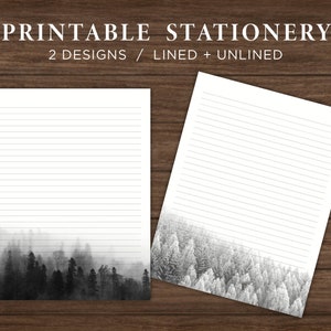 Conjunto de papelaria para impressão em floresta monocromática / Papel estacionário para impressão / Papel para escrever para impressão / Papel para notas para impressão / Download digital