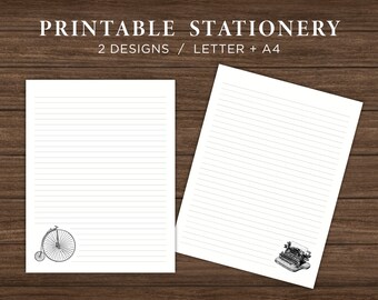 Vintage Bicycle & Typewriter Printable Stationery Set / Printable Stationary Paper / Printable Note Paper / Instant Download / Letter / A4