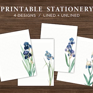 May include: Printable stationery featuring four designs of blue and white iris flowers on a white background with lined and unlined options. The text "Printable Stationery" and "4 Designs / Lined + Unlined" is at the top of the image.
