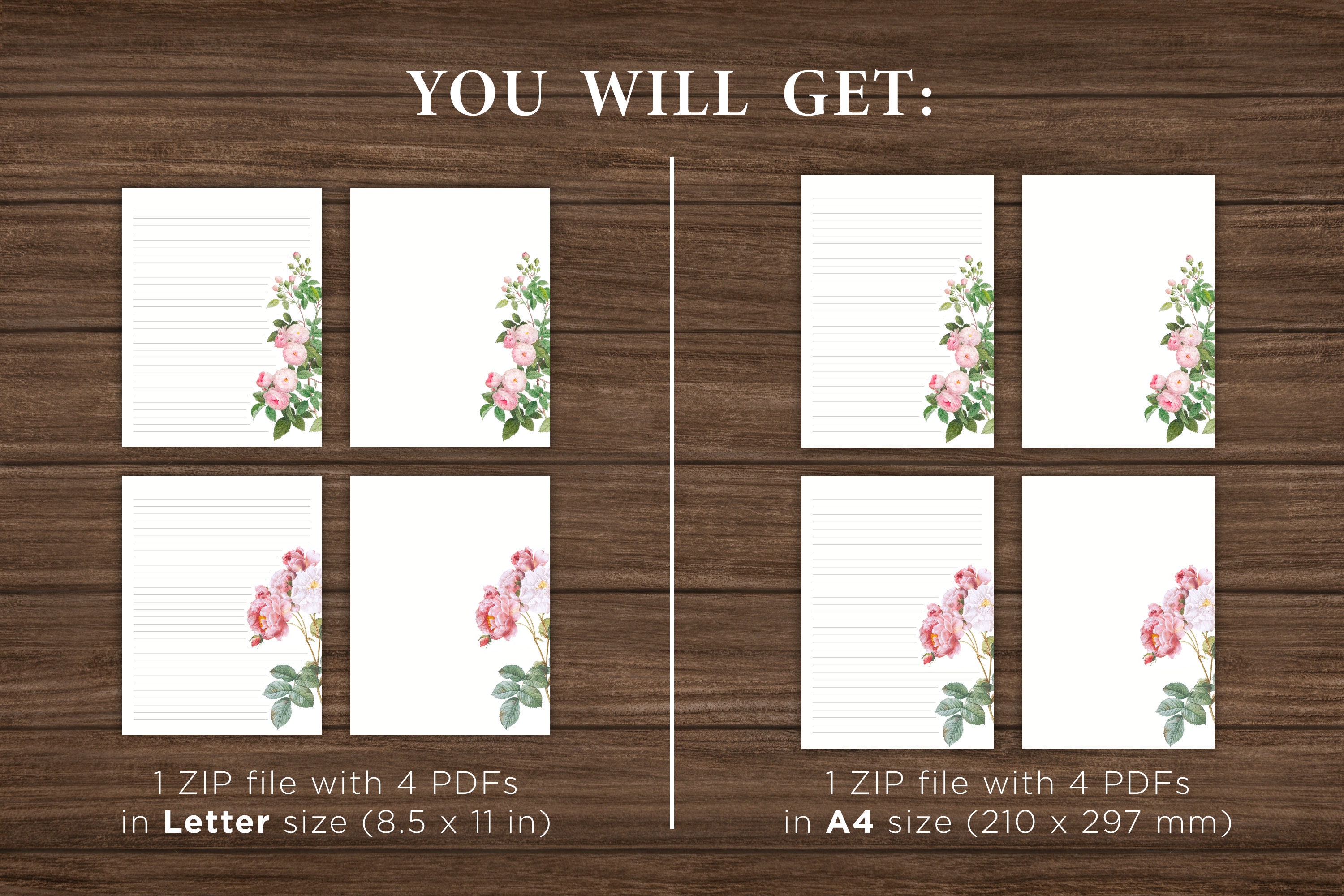 Pink Roses Prinatable Pink Roses Printable Stationery Set / Floral Printable Stationary Paper ...