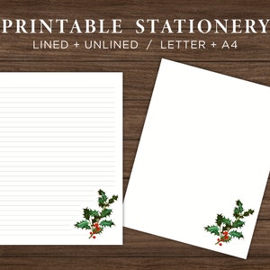 Papelería imprimible Holly Branch / Papel estacionario imprimible de Navidad / Papel de escritura de invierno / Papel de carta navideña / Descarga instantánea