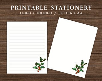 Holly Branch Printable Stationery / Christmas Printable Stationary Paper / Winter Writing Paper / Holiday Letter Paper / Instant Download