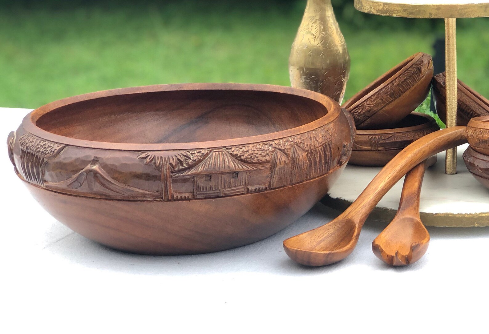 Wood Carved Serving Bowl & Salad Tongs Etsy