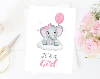 It’s A Girl Baby Shower Gift Card, Pink Elephant Baby Shower Card, Baby Card, New Baby Card, Printable