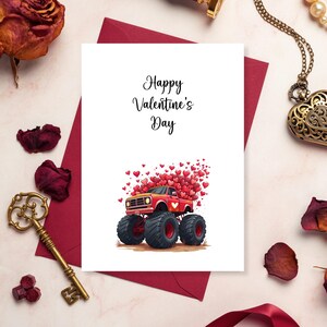 Druckbare Monstertruck Valentinsgrußkarte, süße rote Herzen Valentine, perfekter Sohn & Enkel Valentinstag Karte, Freundkarte, Karte zum Valentinstag