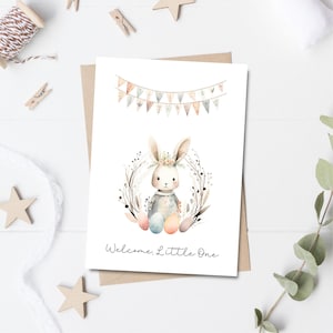 Tarjeta de baby shower estilo bohemio, conejita, para niña recién nacida, bienvenida, imprimible, descarga instantánea