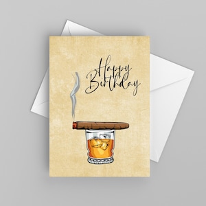 Verjaardagskaart voor sigaar en whisky voor papa, kaart voor vriend, gelukkige verjaardagskaart voor opa, verjaardagskaart vriendje, afdrukbaar