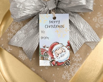 Whimsical Santa Christmas Gift Tags, Printable Holiday Stickers (Printable, Instant Download)