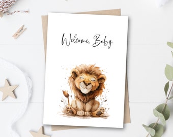 Lion Baby Shower Card: Safari Theme, Welcome Baby (Printable, Instant Download)