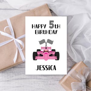 GEPERSONALISEERDE verjaardagskaart meisje raceauto, meisje racer verjaardag, Racing verjaardagskaart, auto verjaardagskaart, afdrukbaar, Instant Download