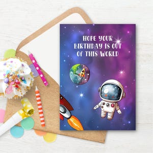 Verjaardagskaart Outer Space, astronaut verjaardagskaart, ruimtetijdperk verjaardagskaart voor kinderen, afdrukbaar, direct downloaden