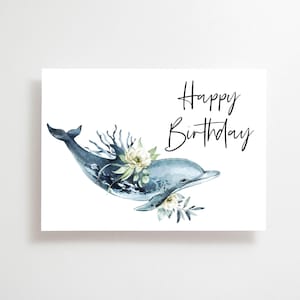 Cartão de aniversário de golfinho, cartão de aniversário do oceano, feliz aniversário, cartão de aniversário de animais marinhos, cartão em branco, para impressão, download instantâneo