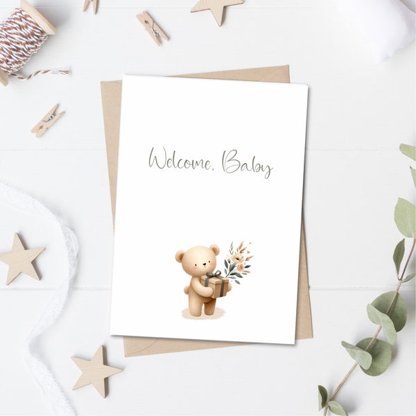 Boho Bear Baby Shower Card, Gender Neutral Baby Shower Card, Newborn Baby Card, Welcome Baby, Printable