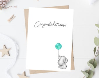 Elephant Baby Shower Card, Green Balloon Baby Shower Card, Baby Sprinkle Card, Neutral Shower Card, Blank Inside, Printable