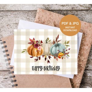 Carte d'anniversaire automne, carte d'anniversaire automne, joyeux anniversaire, citrouilles anciennes, carte d'anniversaire citrouille, feuillage d'automne, imprimable