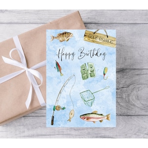 Cartão de aniversário de pescador, cartão de aniversário de pescador, cartão de aniversário de pesca de truta, para impressão, download instantâneo