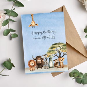 Cartão de aniversário para grupo de animais de safári, cartão de aniversário para escritório, cartão de aniversário para colega de trabalho, cartão de aniversário engraçado, para impressão, download instantâneo
