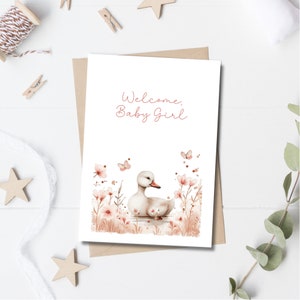 Carte de baby shower canard, bienvenue petite fille, carte-cadeau de baby shower animaux de la ferme, carte de baby shower pour nouveau-né, imprimable, téléchargement immédiat
