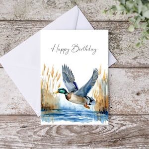 Cartão de aniversário de pato-real, cartão de aniversário de vida selvagem para pai, namorado, avô, cartão de presente de aniversário de caça para impressão, download instantâneo