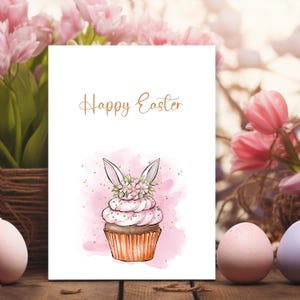 Carte de Pâques imprimable Cupcake oreilles de lapin, parfait porte-cadeau de Pâques, jolie carte de Joyeuses Pâques, téléchargement immédiat